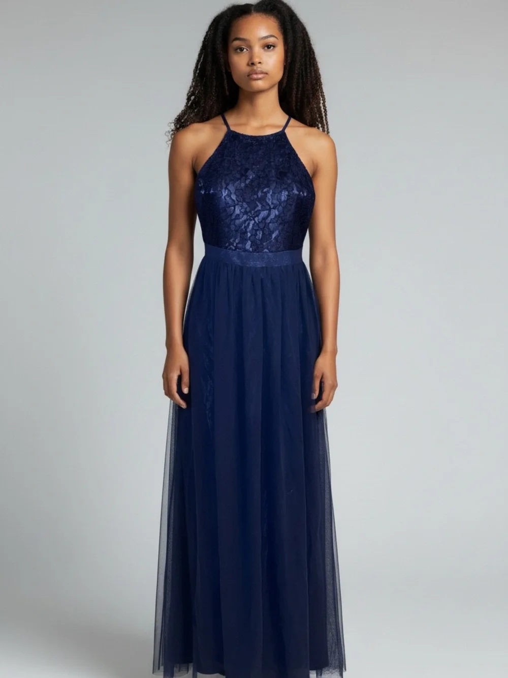Navy Halter Lace & Chiffon Maxi Dress